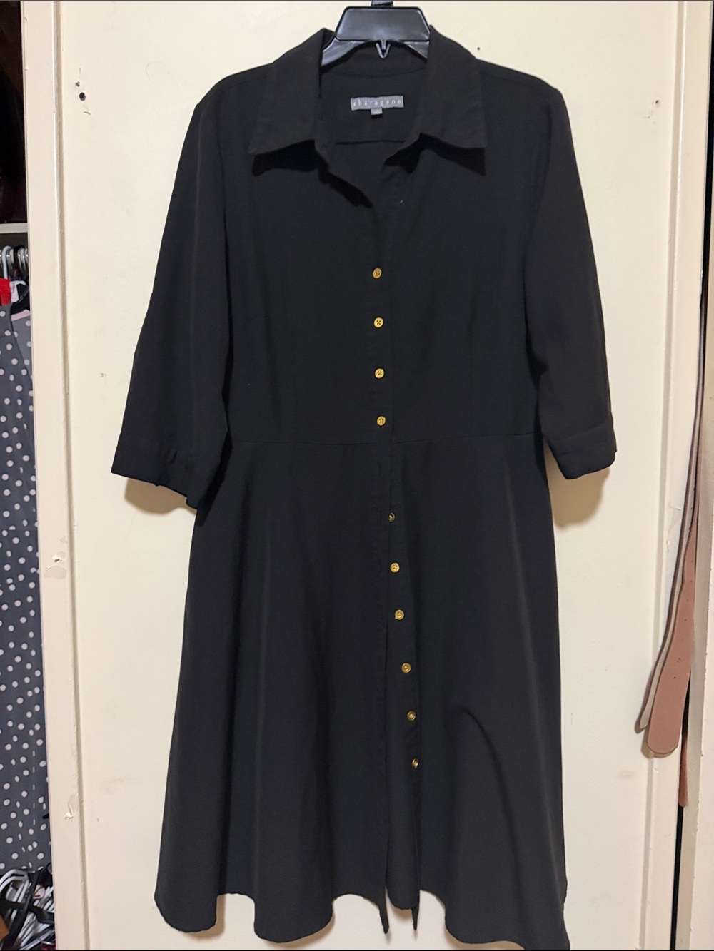 Black Midi Shirt Dress with Gold Buttons